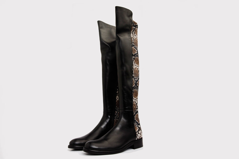 The Moengo Black Leather Leopard Knee High Boot