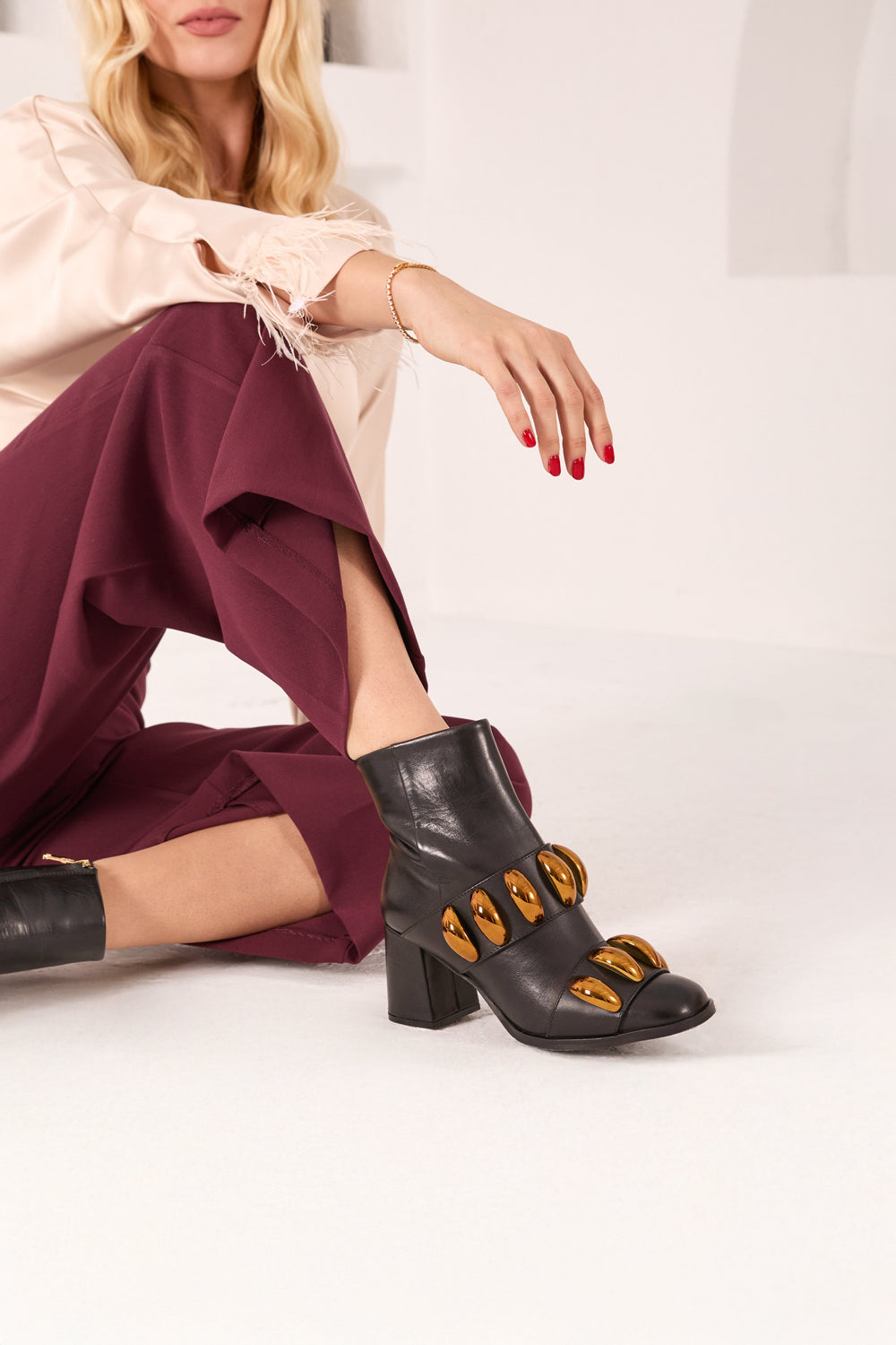 The Eclipse Black Gold Leather Block Heel Boot