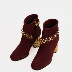 The Metal Burgundy Suede Leather Block Heel Boot