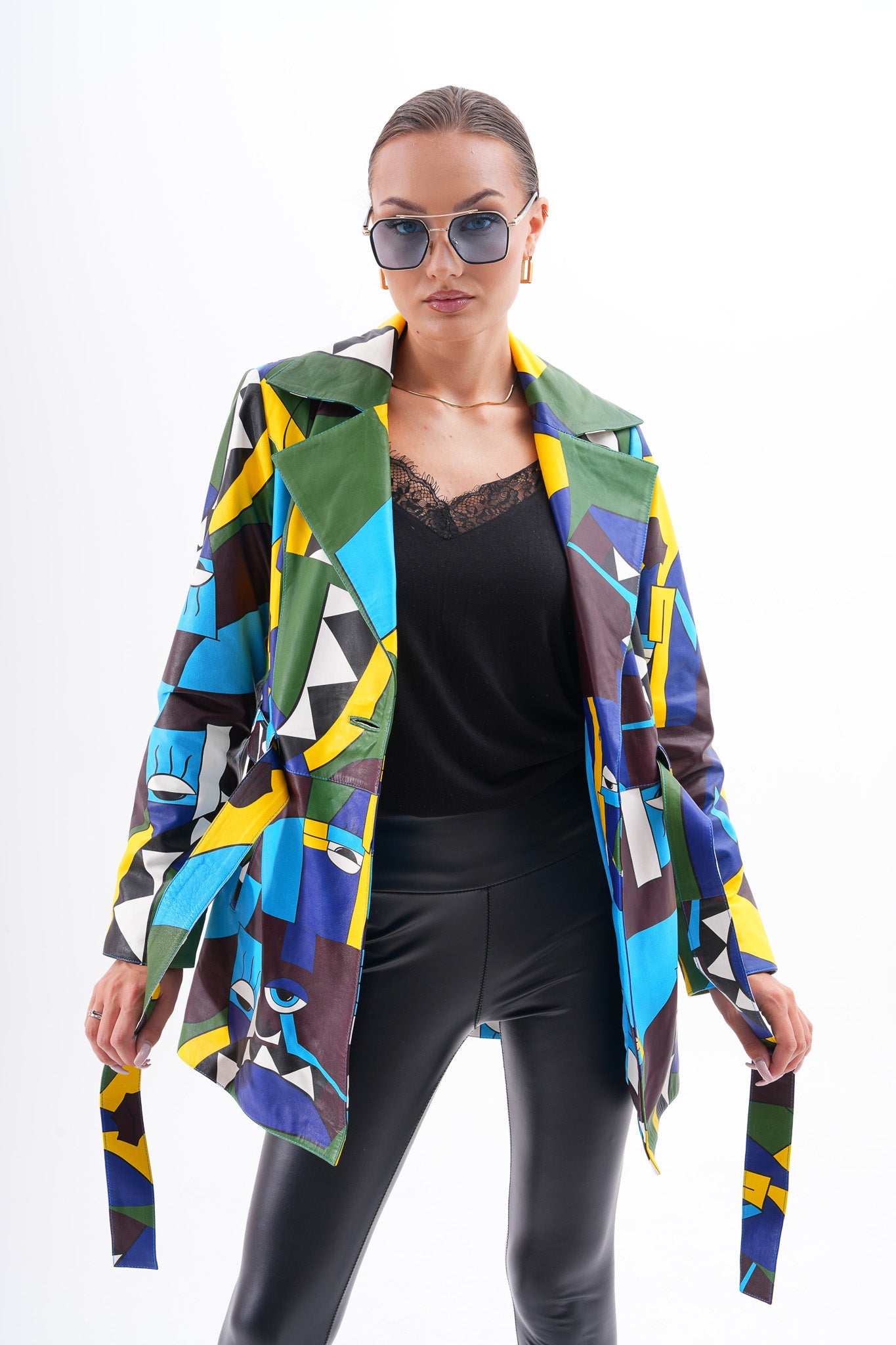 Sienna Abstract Art Leather Jacket – Blue Green Edition