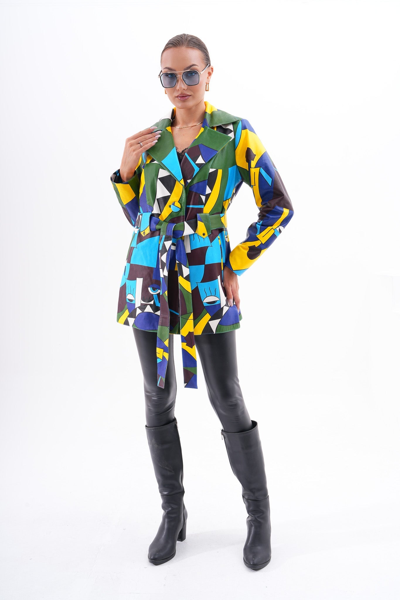 Sienna Abstract Art Leather Jacket – Blue Green Edition