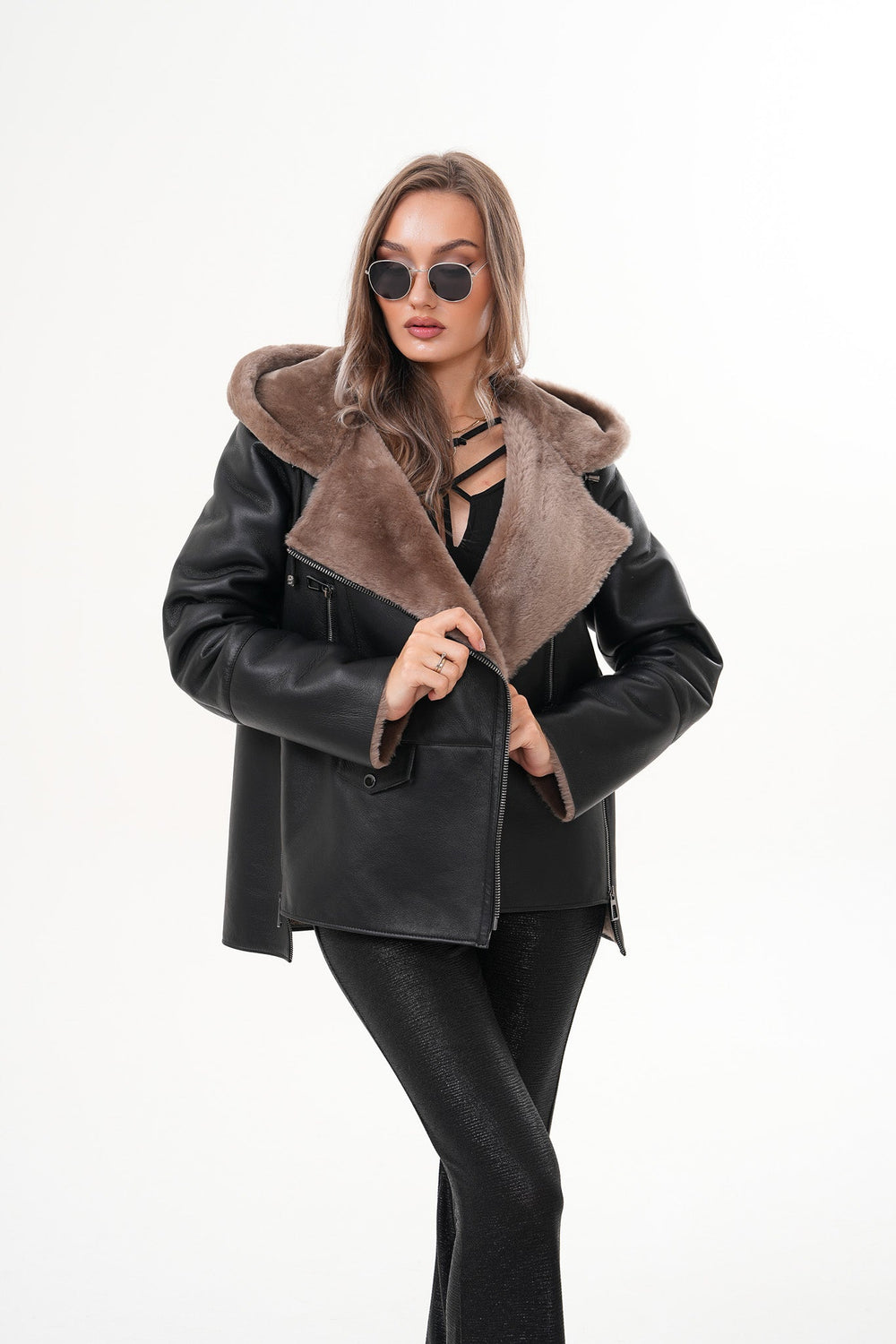 The Duchess Shearling Brown Leather Hooded Jacket