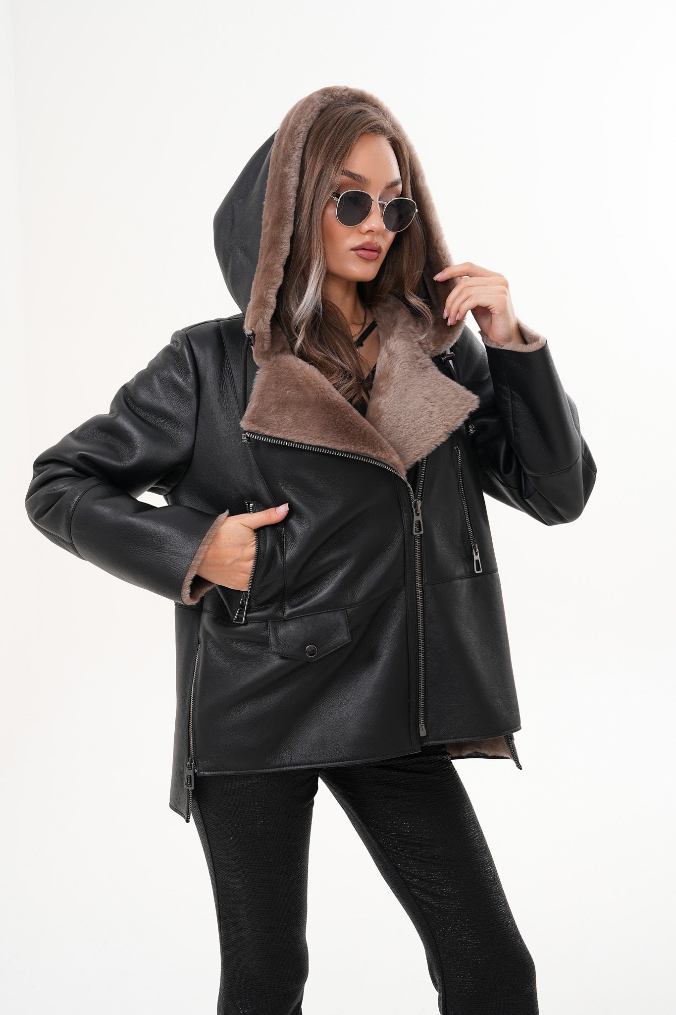 The Duchess Shearling Brown Leather Hooded Jacket