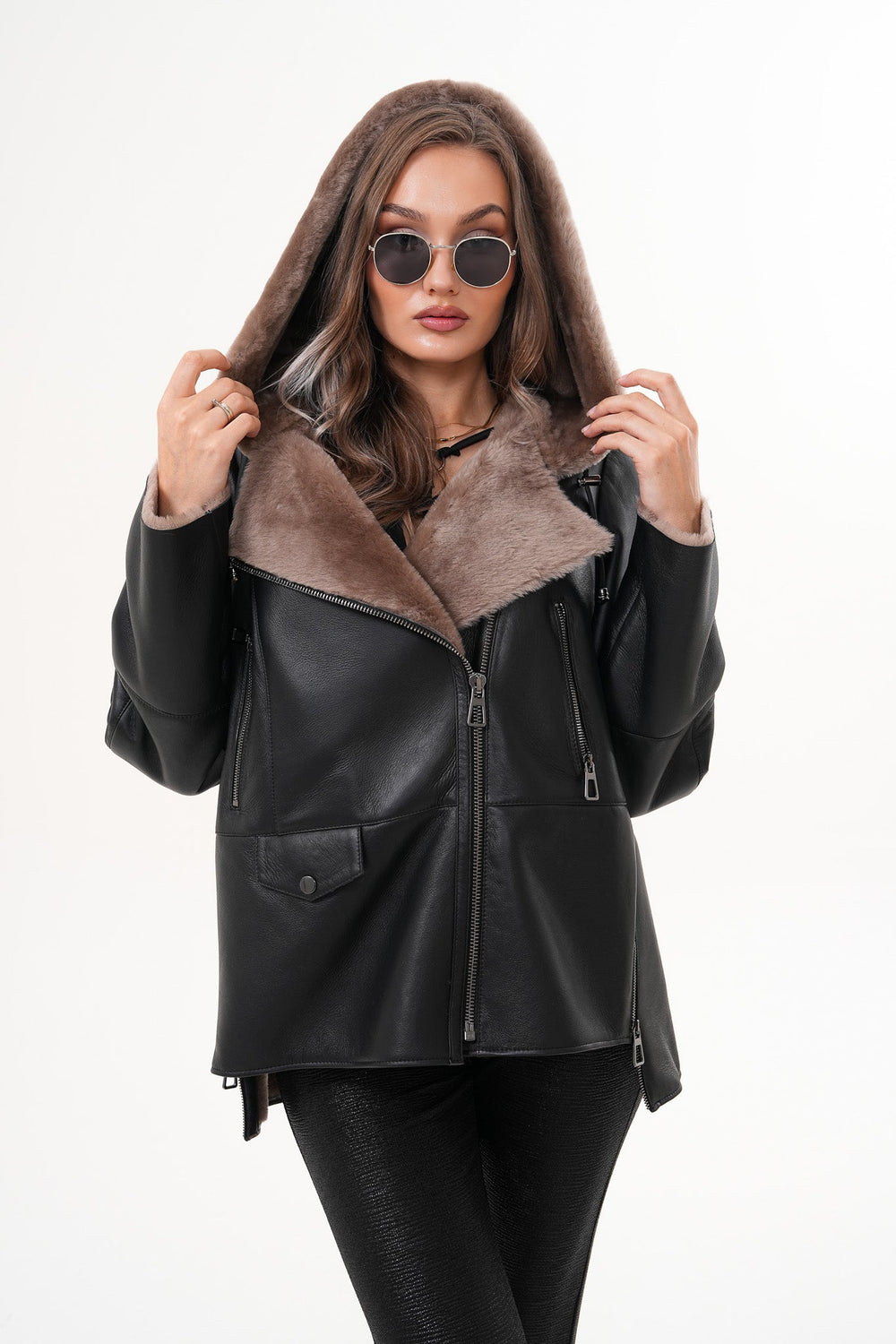 The Duchess Shearling Brown Leather Hooded Jacket