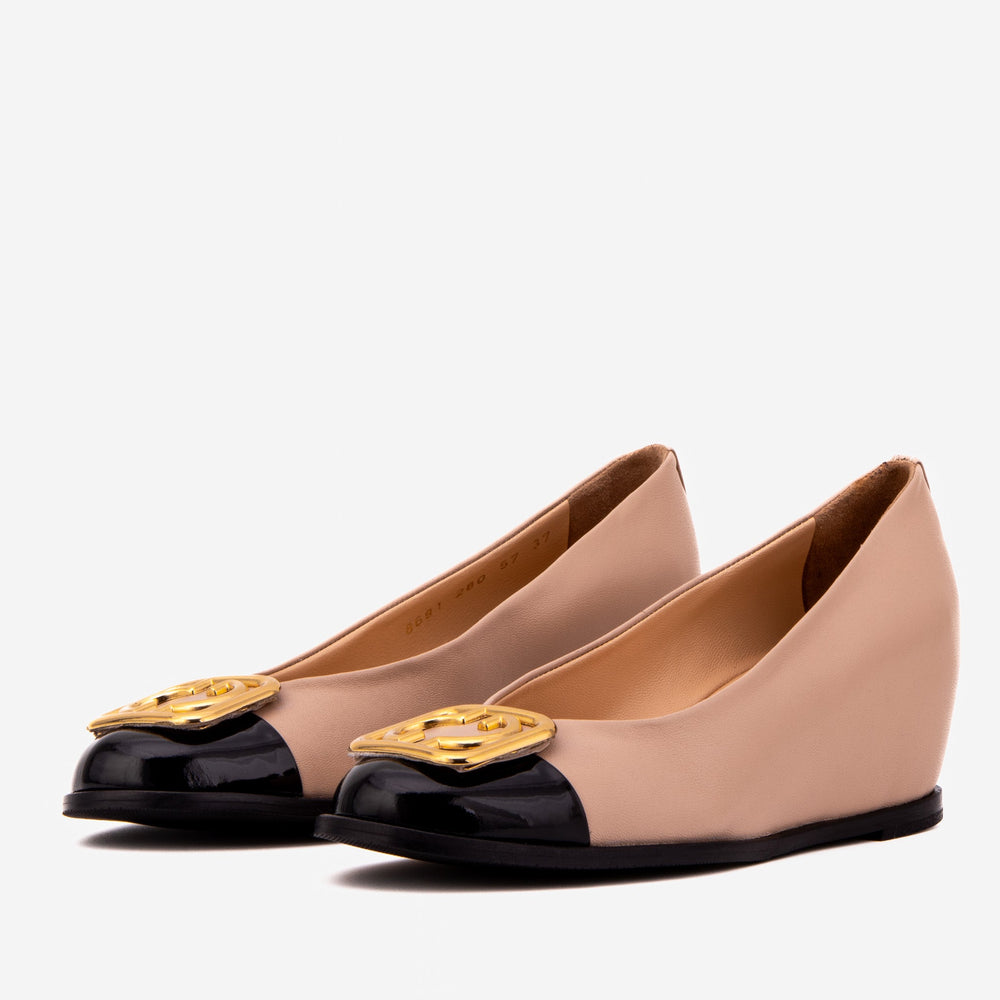 The Selene Beige Black Leather Wedge Heel Shoe