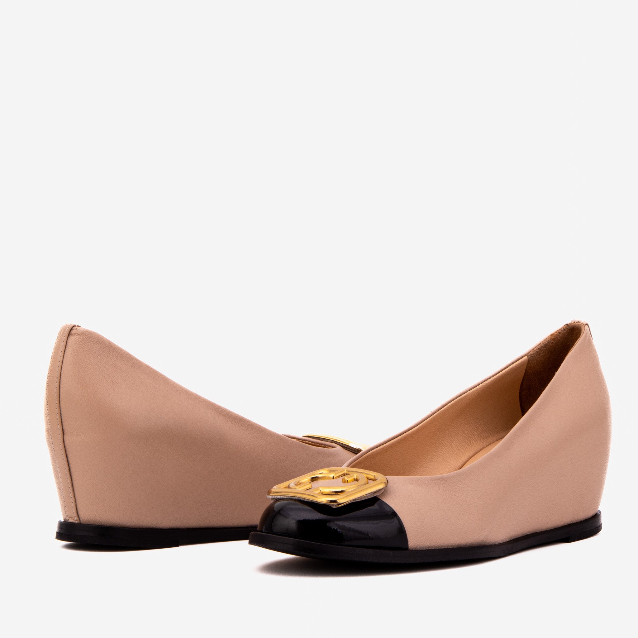 The Selene Beige Black Leather Wedge Heel Shoe