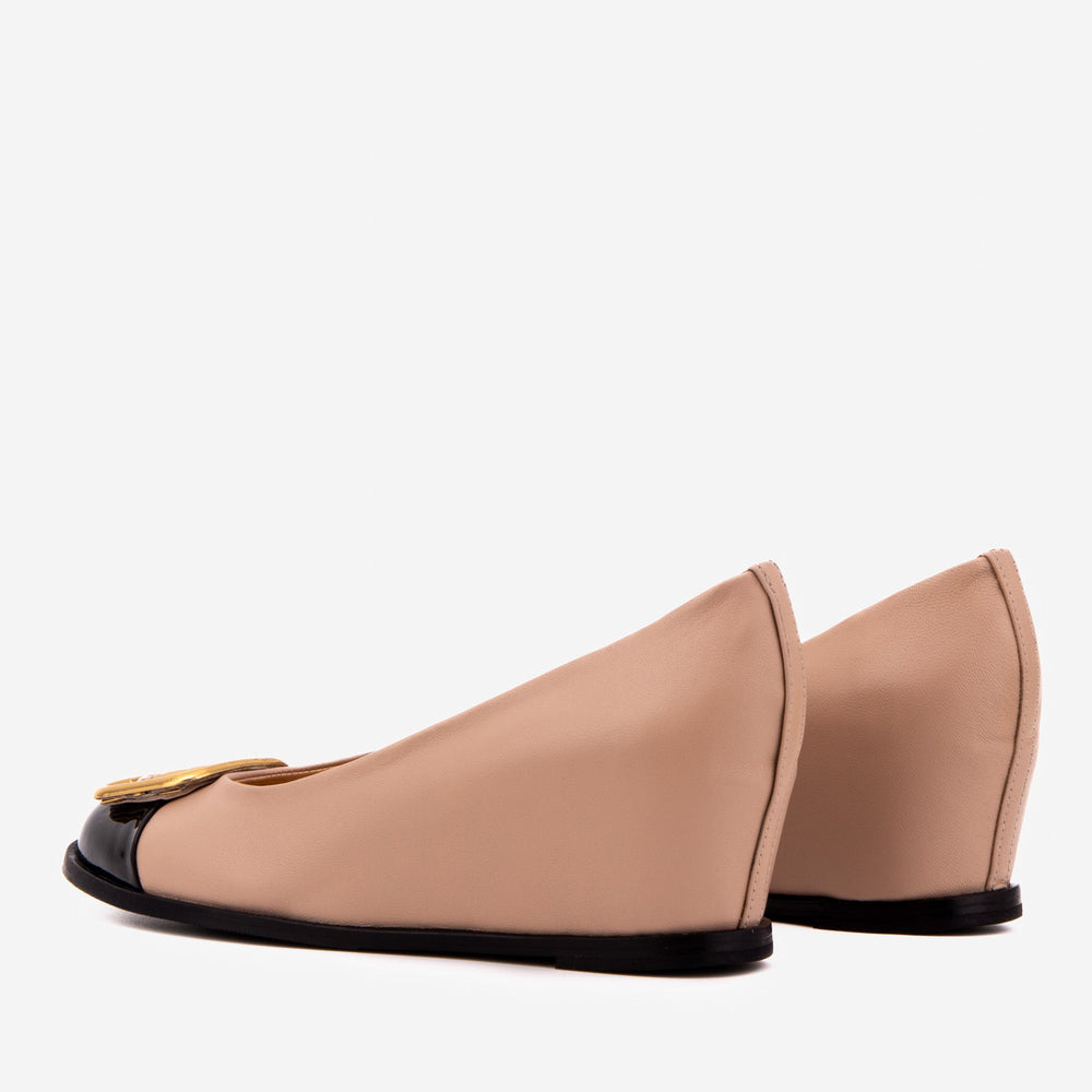 The Selene Beige Black Leather Wedge Heel Shoe