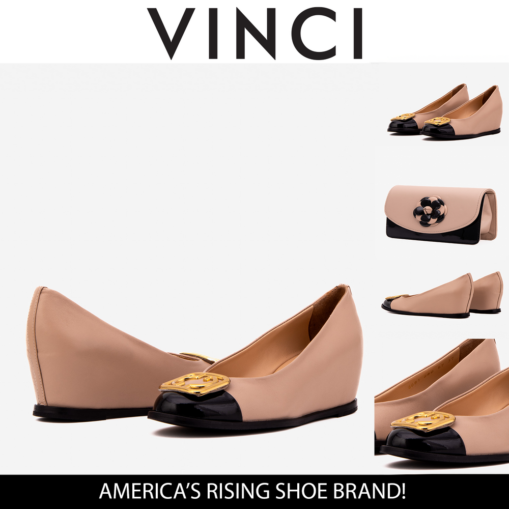 The Selene Beige Black Leather Wedge Heel Shoe