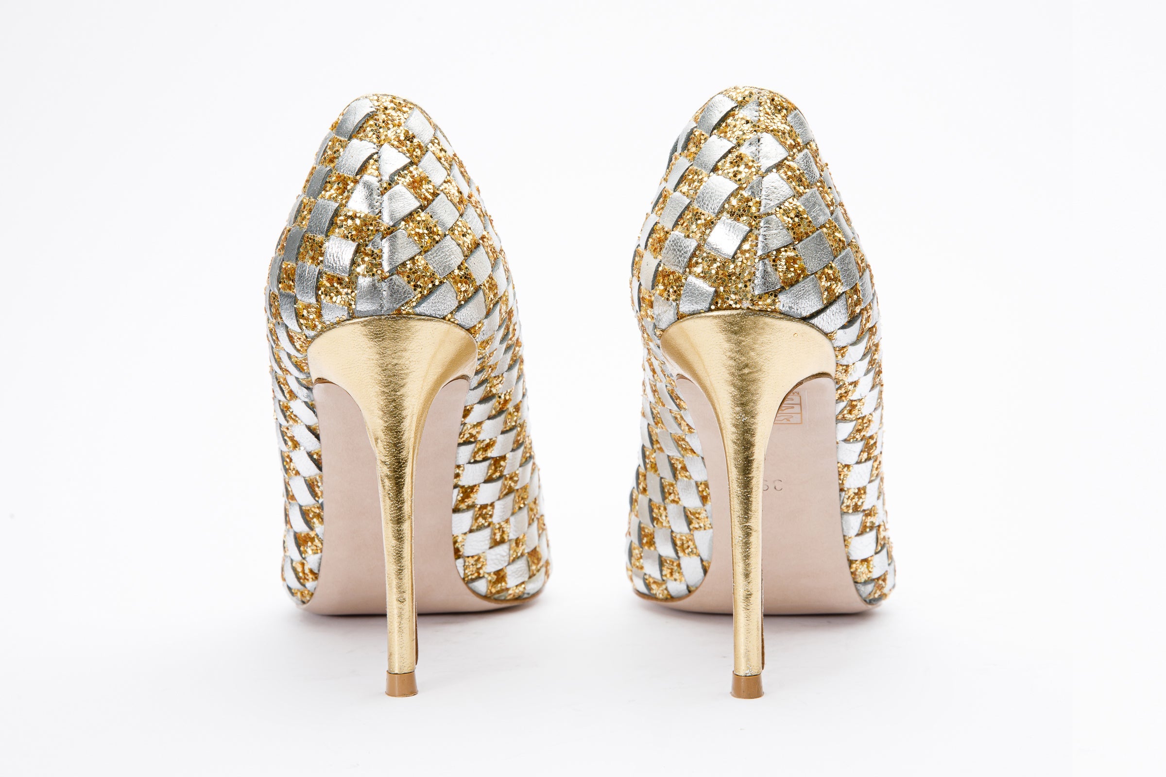 The Saks Tory Gold Silver Handwoven Leather Pump Shoe