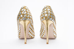 The Saks Tory Gold Silver Handwoven Leather Pump Shoe