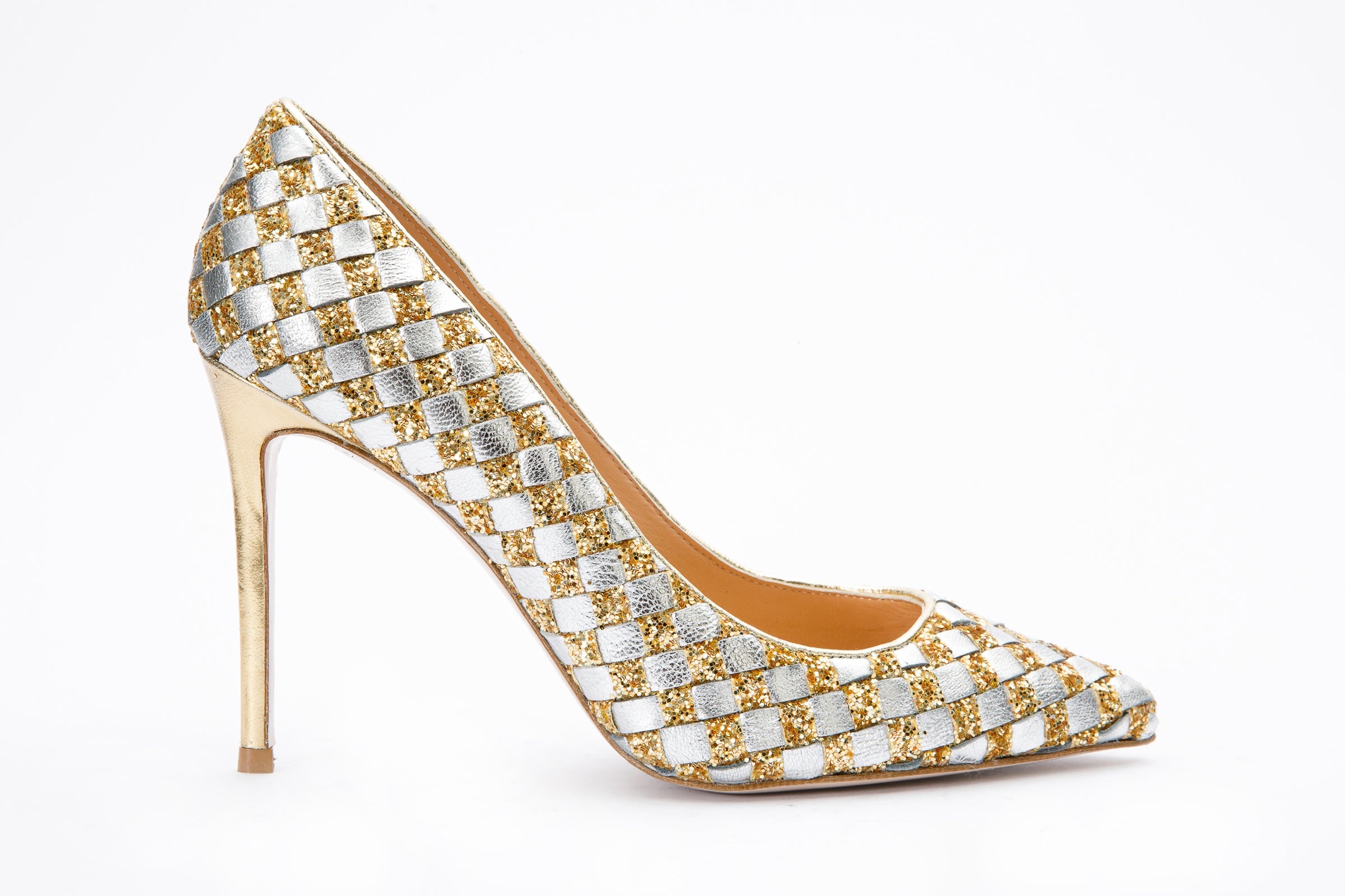 The Saks Tory Gold Silver Handwoven Leather Pump Shoe