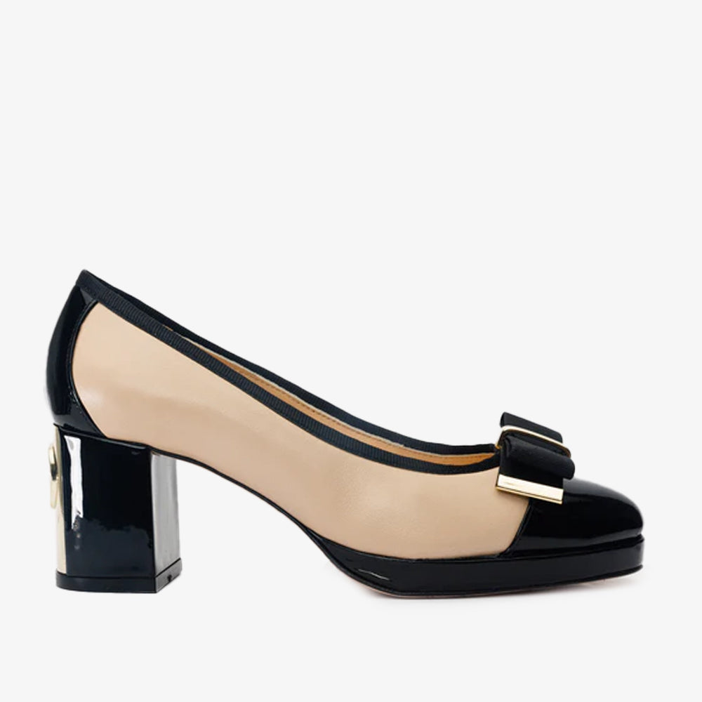 The Fano Beige Leather Cap Toe Block Heel Pump Shoe