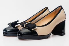 The Fano Beige Leather Cap Toe Block Heel Pump Shoe