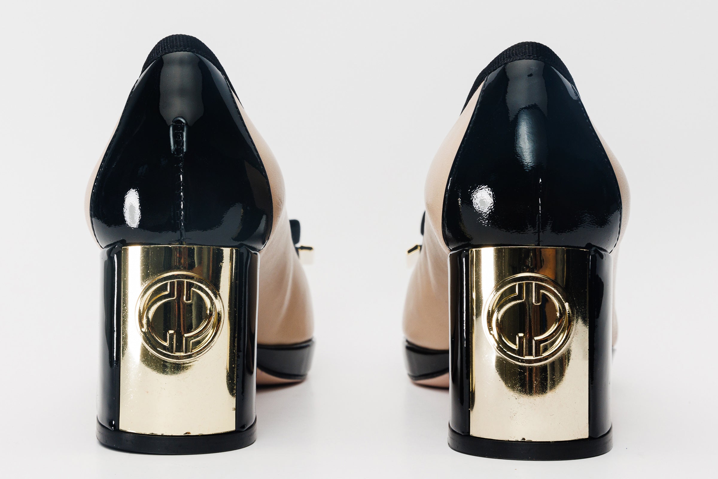 The Fano Beige Leather Cap Toe Block Heel Pump Shoe
