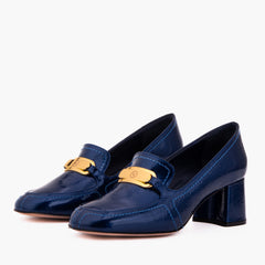 The Victoria Navy Blue Leather Block Heel Pump Shoe