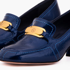 The Victoria Navy Blue Leather Block Heel Pump Shoe