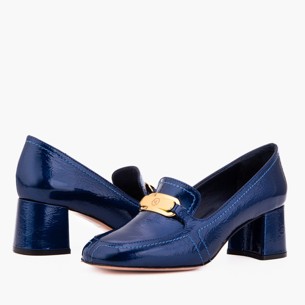 The Victoria Navy Blue Leather Block Heel Pump Shoe