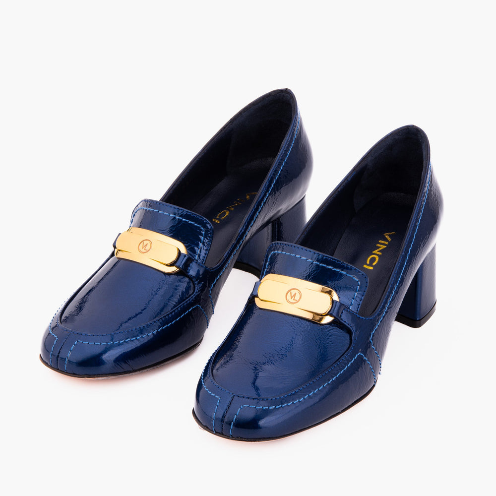 The Victoria Navy Blue Leather Block Heel Pump Shoe