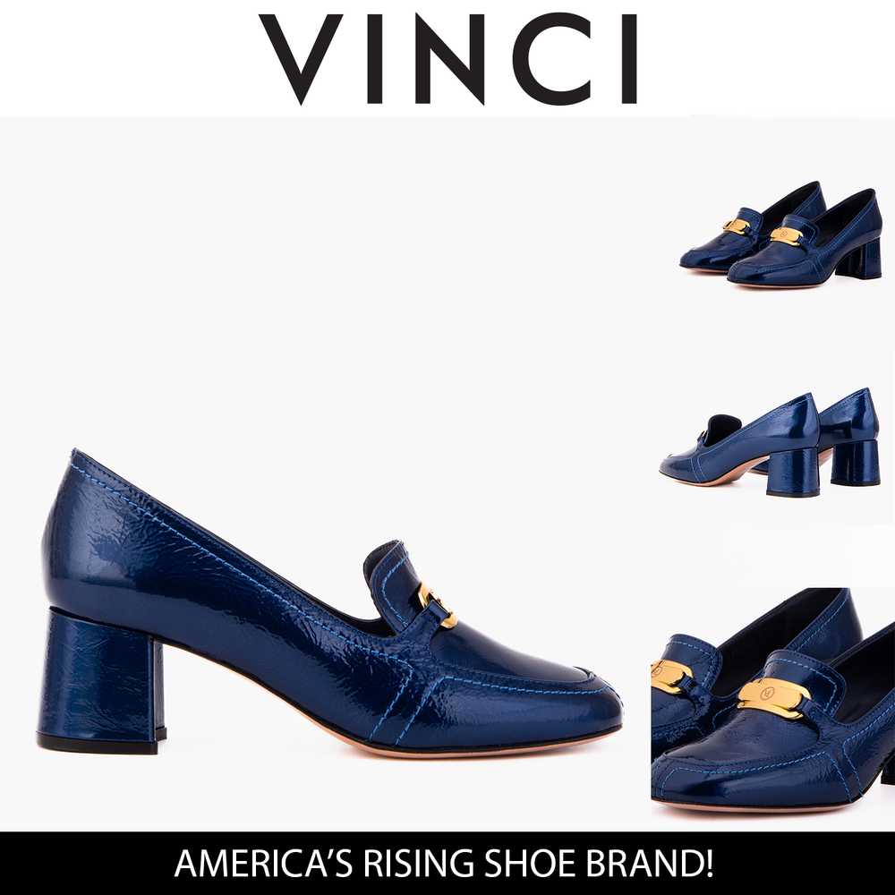 The Victoria Navy Blue Leather Block Heel Pump Shoe