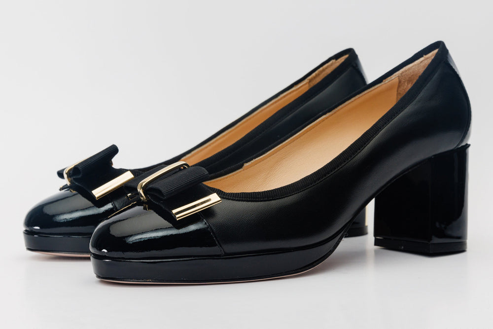The Fano Black Leather Cap Toe Block Heel Pump Shoe