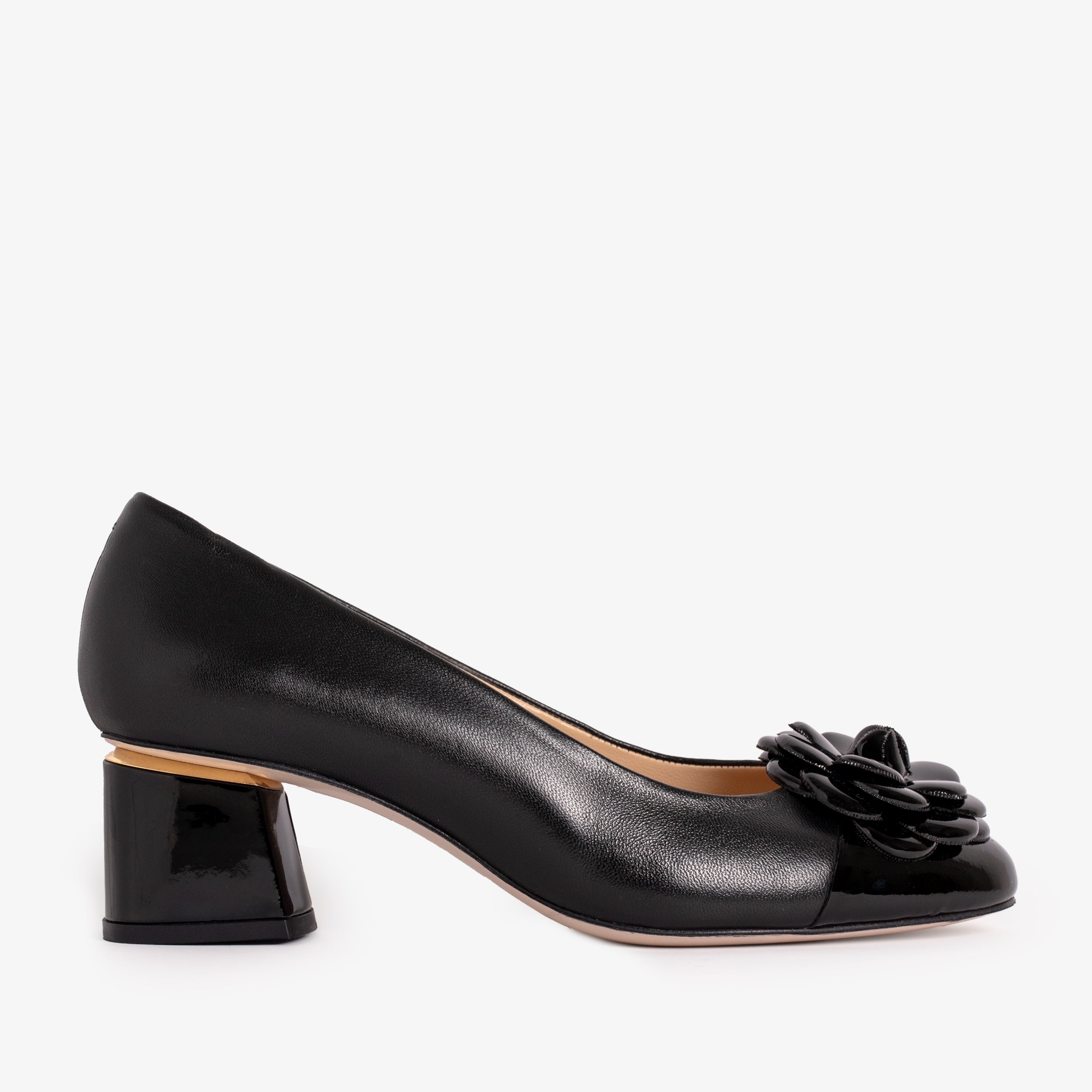 The Diva Black Leather Cap Toe Block Heel Pump Shoe