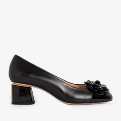 The Diva Black Leather Cap Toe Block Heel Pump Shoe