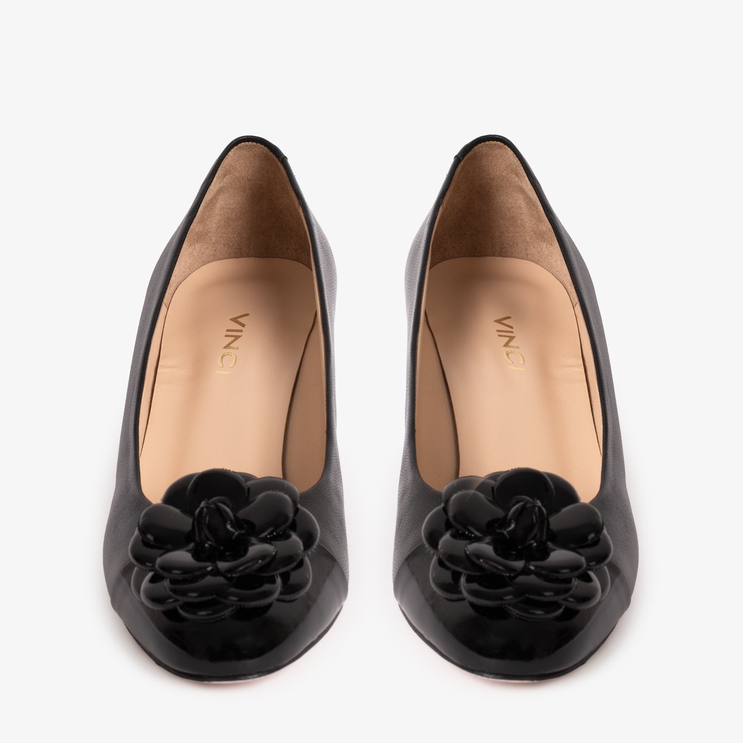 The Diva Black Leather Cap Toe Block Heel Pump Shoe