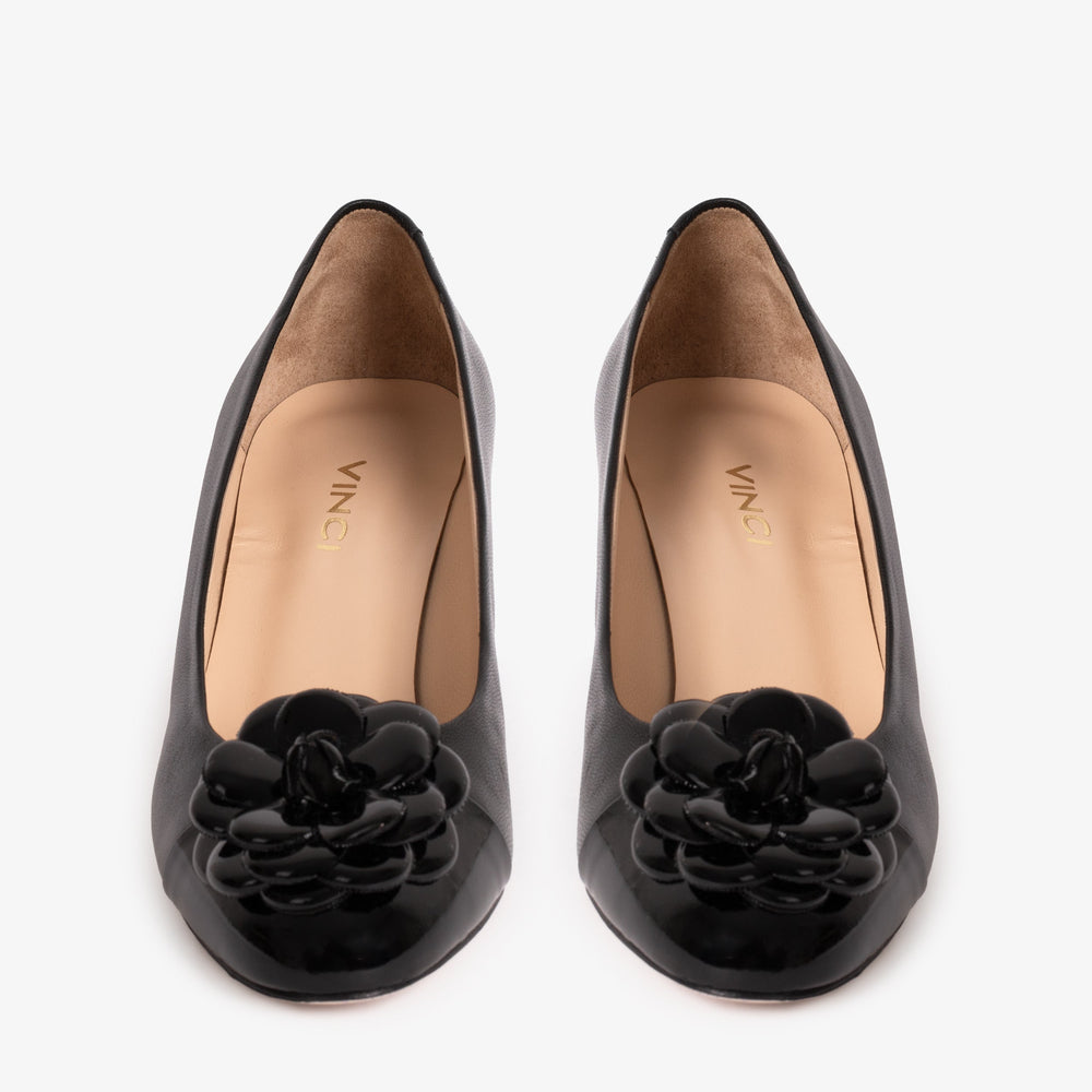The Diva Black Leather Cap Toe Block Heel Pump Shoe