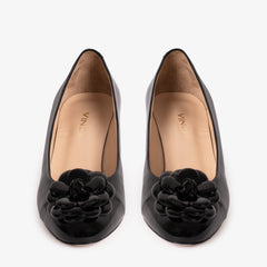 The Diva Black Leather Cap Toe Block Heel Pump Shoe