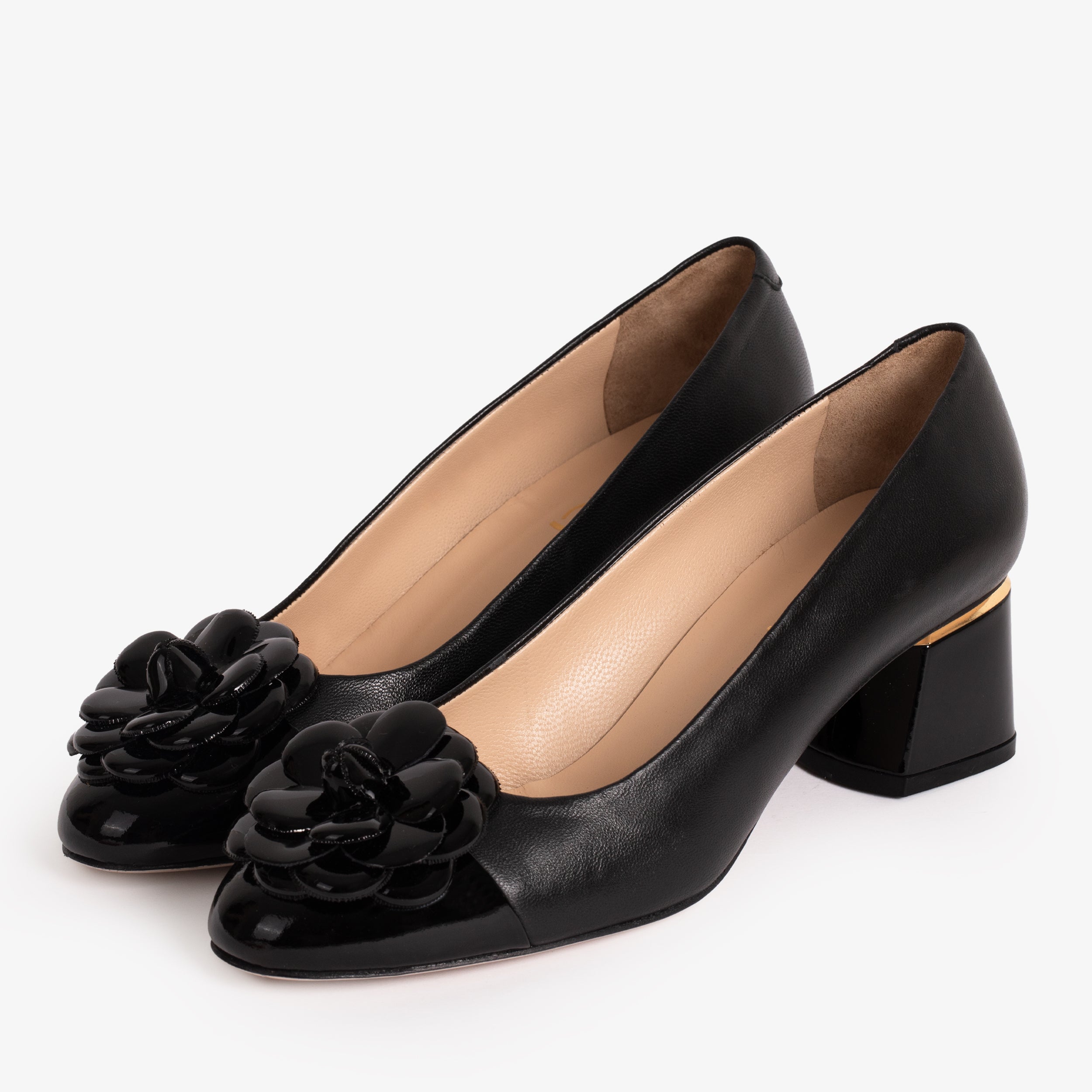 The Diva Black Leather Cap Toe Block Heel Pump Shoe