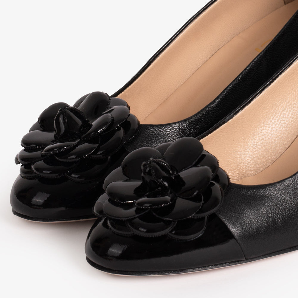 The Diva Black Leather Cap Toe Block Heel Pump Shoe