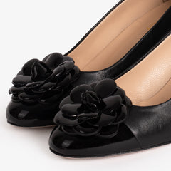 The Diva Black Leather Cap Toe Block Heel Pump Shoe