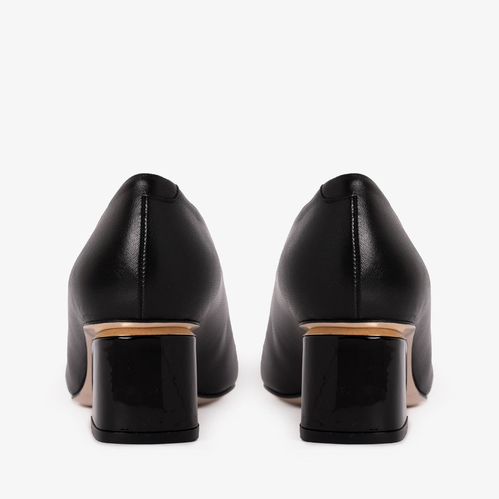 The Diva Black Leather Cap Toe Block Heel Pump Shoe