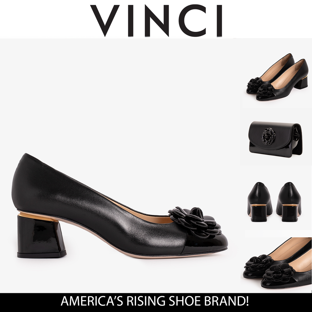 The Diva Black Leather Cap Toe Block Heel Pump Shoe