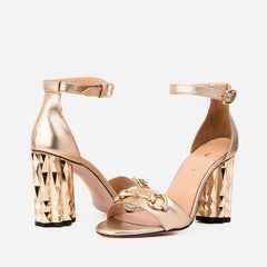 The Avlonya Block Heel Gold Leather Ankle Strap Sandal