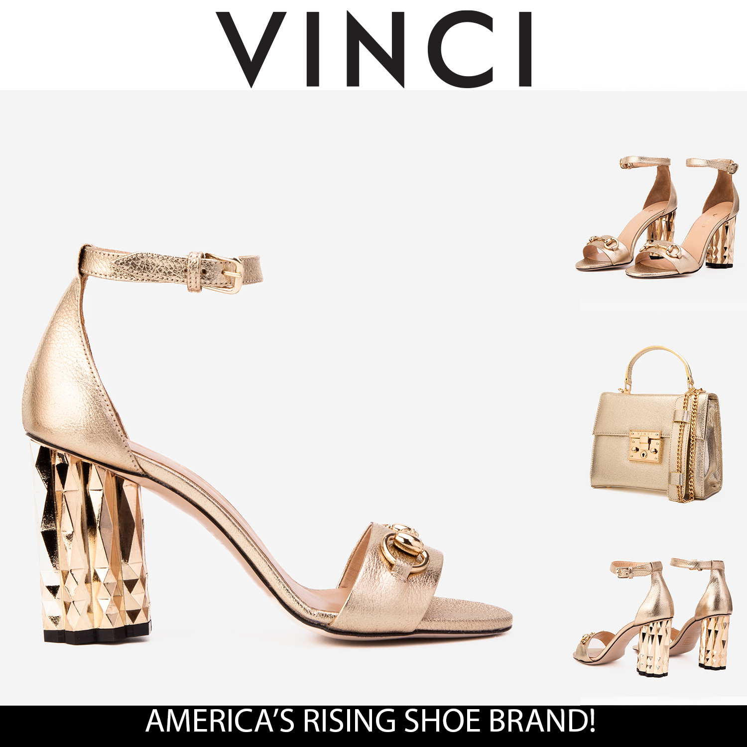 The Avlonya Block Heel Gold Leather Ankle Strap Sandal