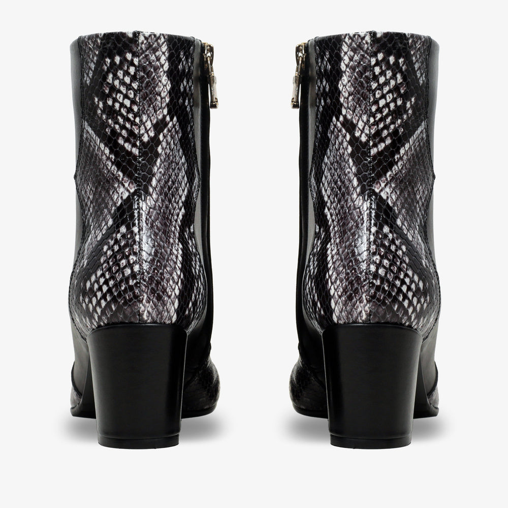 The Gray Black White Leather Block Heel Boot
