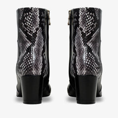 The Gray Black White Leather Block Heel Boot