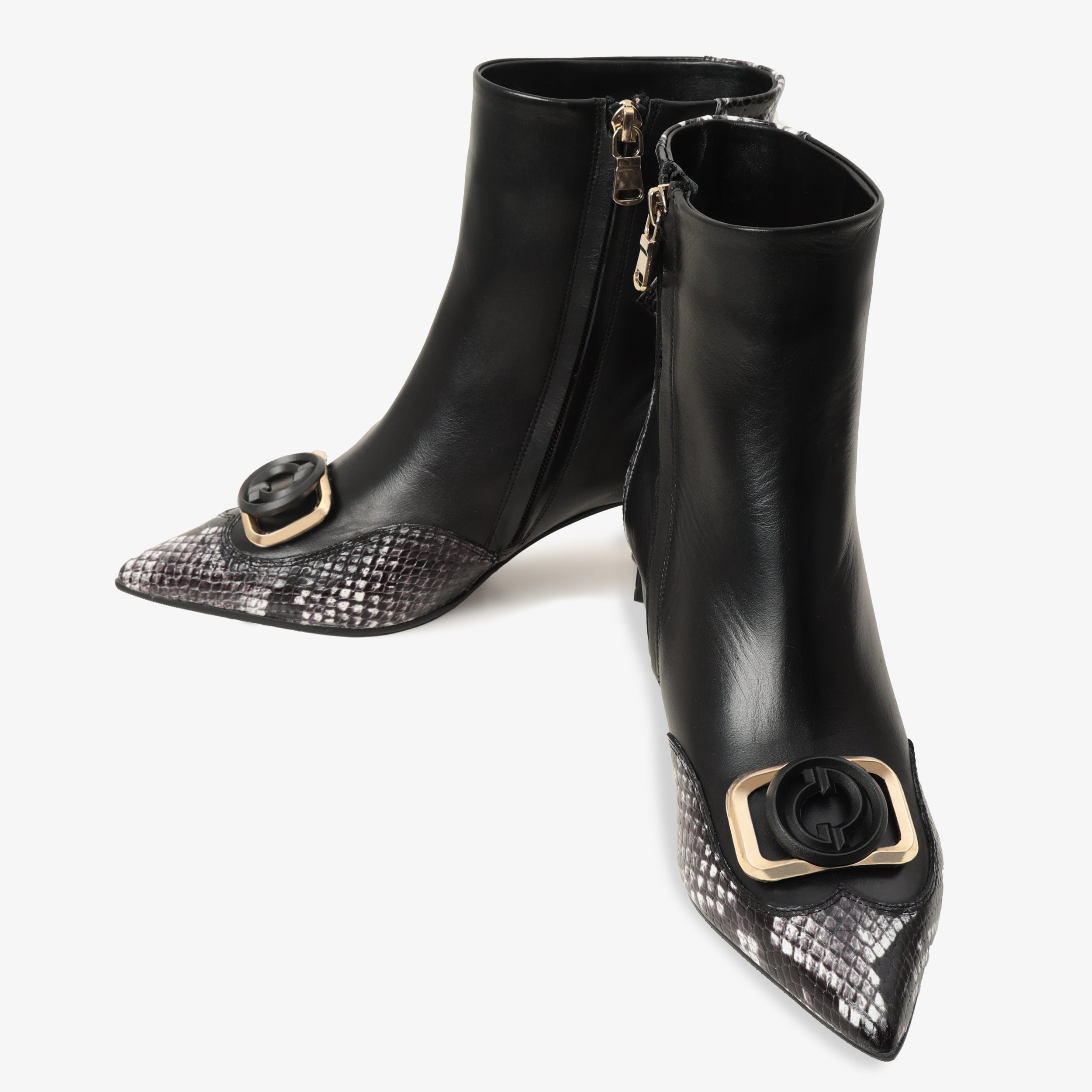 The Gray Black White Leather Block Heel Boot