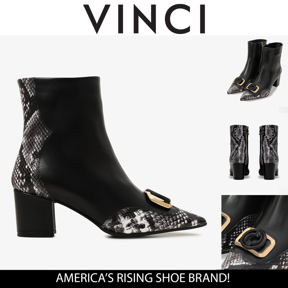 The Gray Black White Leather Block Heel Boot