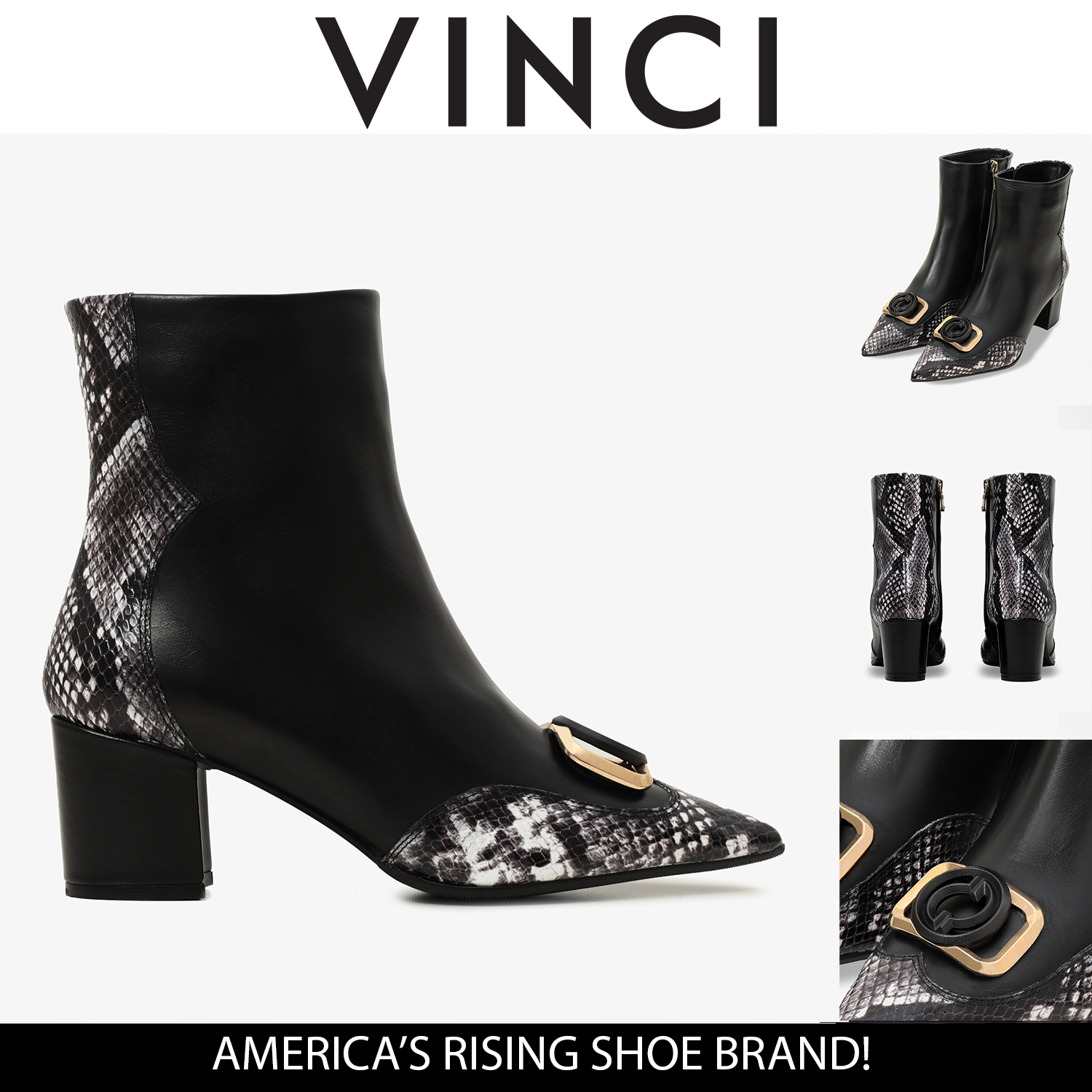 The Gray Black White Leather Block Heel Boot