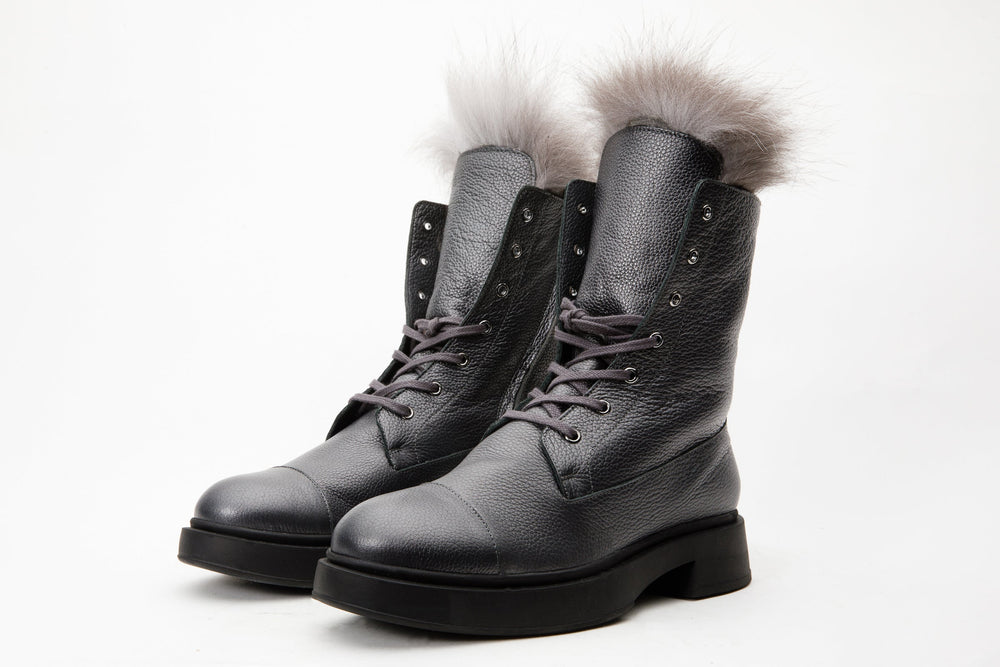 The Kajapati Grey Leather Natural Fur Mid Calf Boot