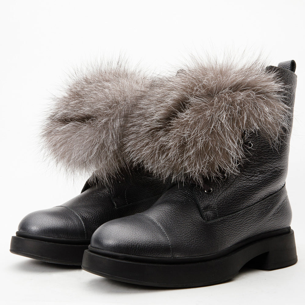 The Kajapati Grey Leather Natural Fur Mid Calf Boot