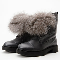The Kajapati Grey Leather Natural Fur Mid Calf Boot