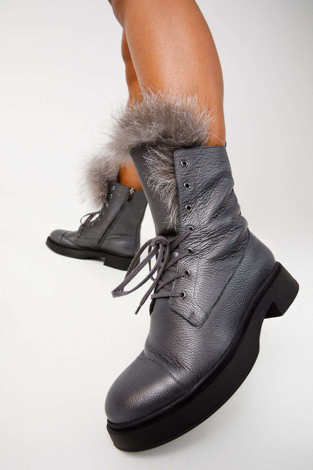 The Kajapati Grey Leather Natural Fur Mid Calf Boot