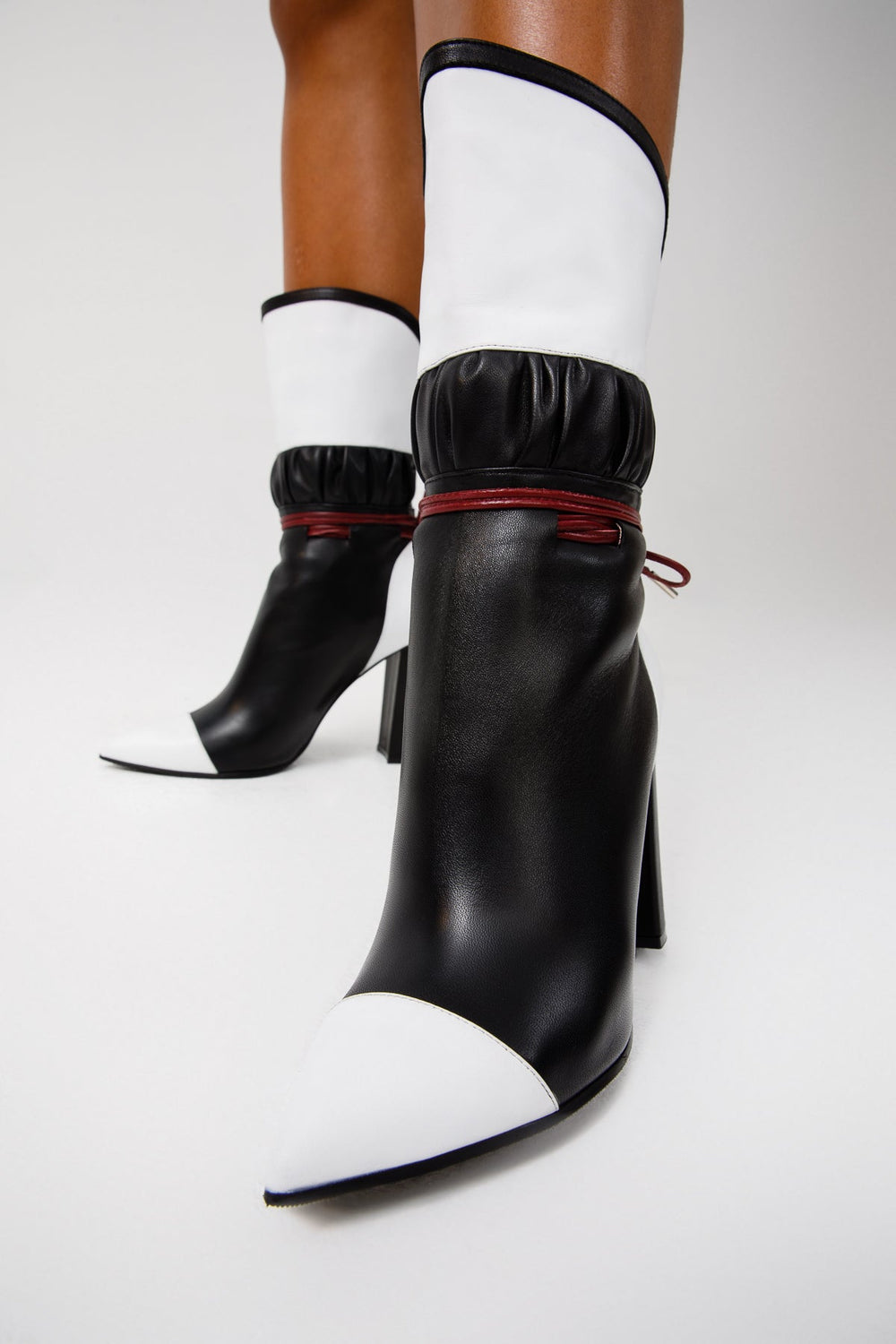 The Lucca Black White Leather Mid Calf High Heel Boot Limited Edition