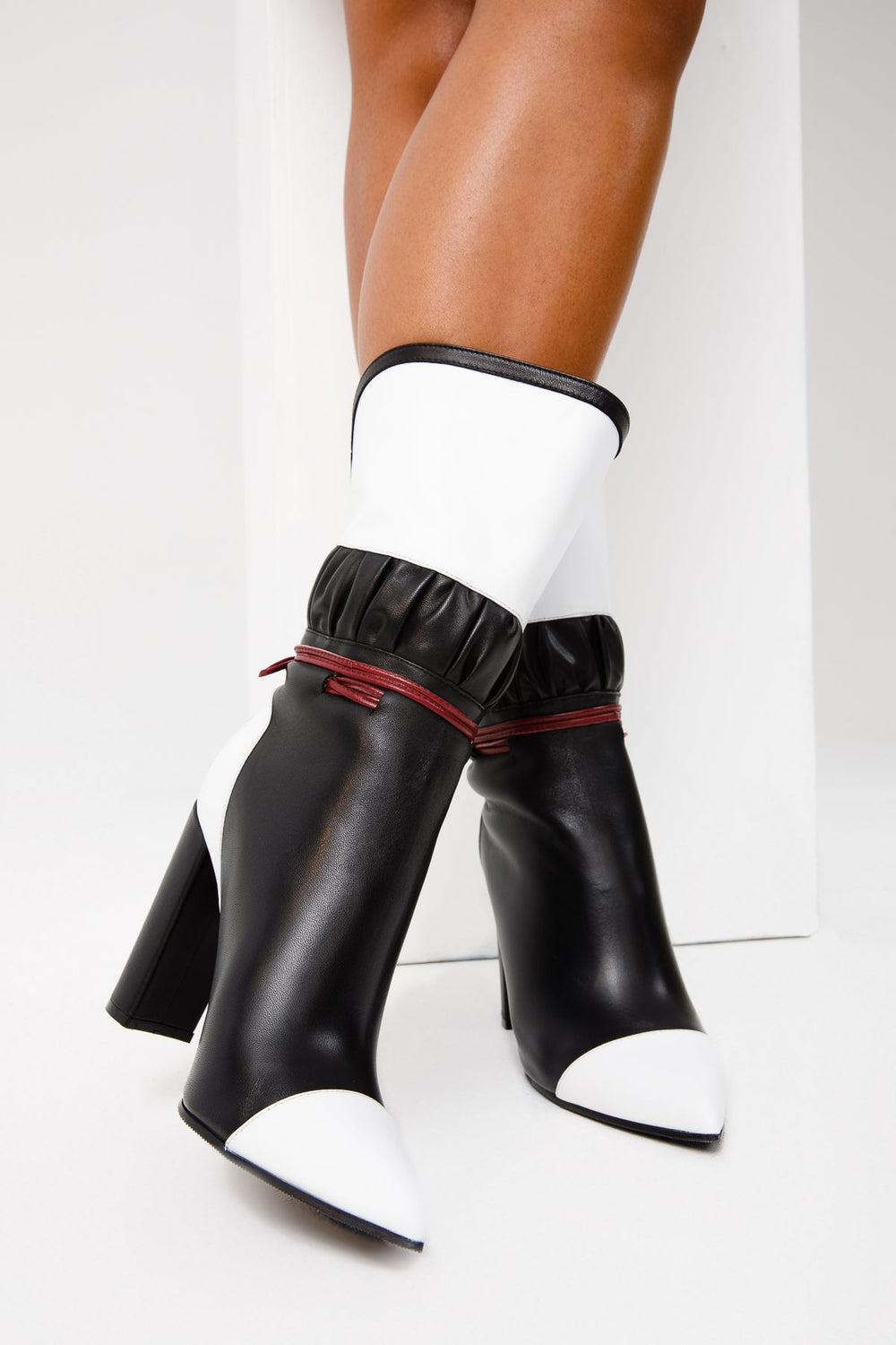 The Lucca Black White Leather Mid Calf High Heel Boot Limited Edition