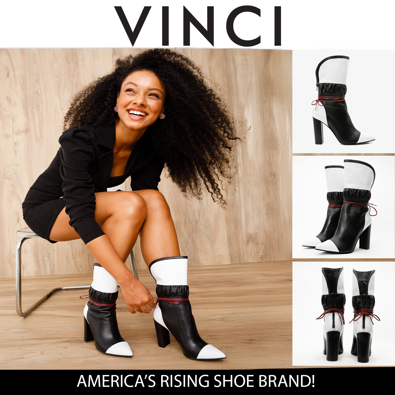 The Lucca Black White Leather Mid Calf High Heel Boot Limited Edition