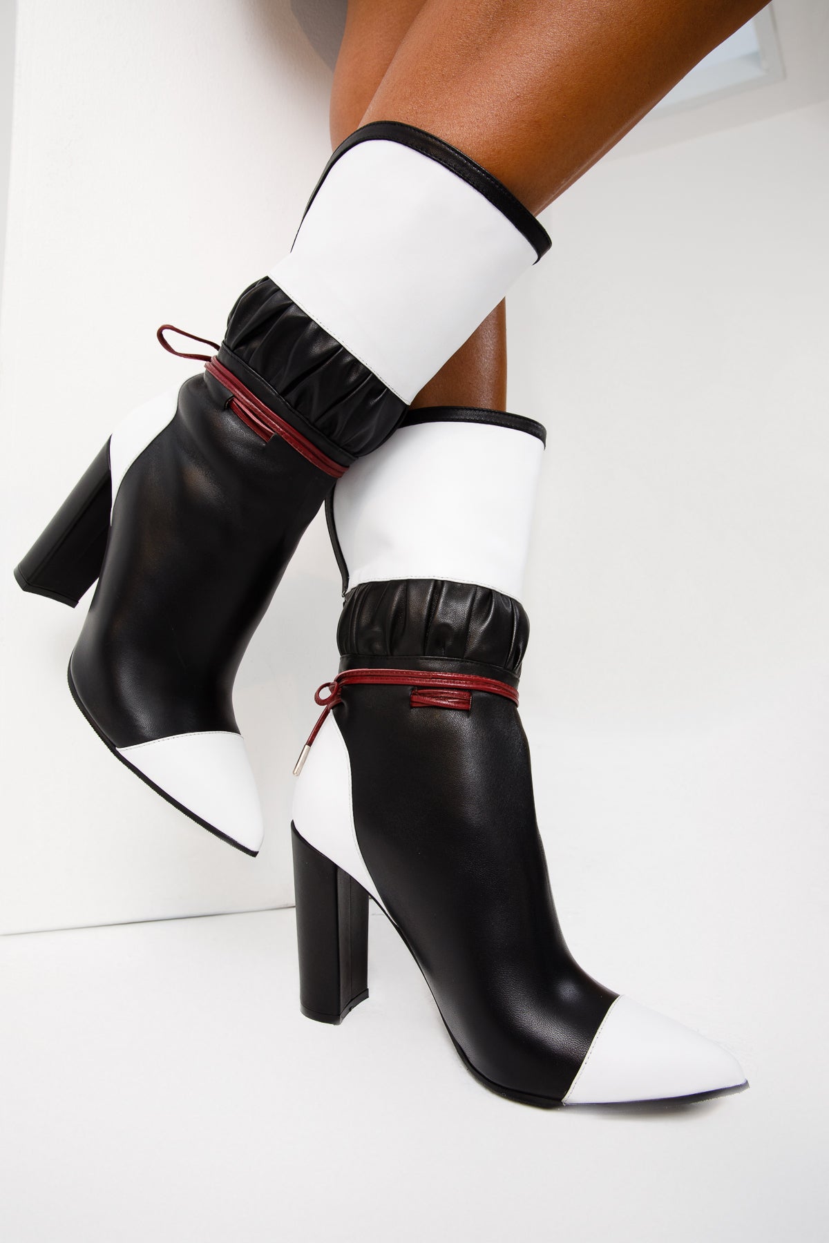 The Lucca Black White Leather Mid Calf High Heel Boot Limited Edition