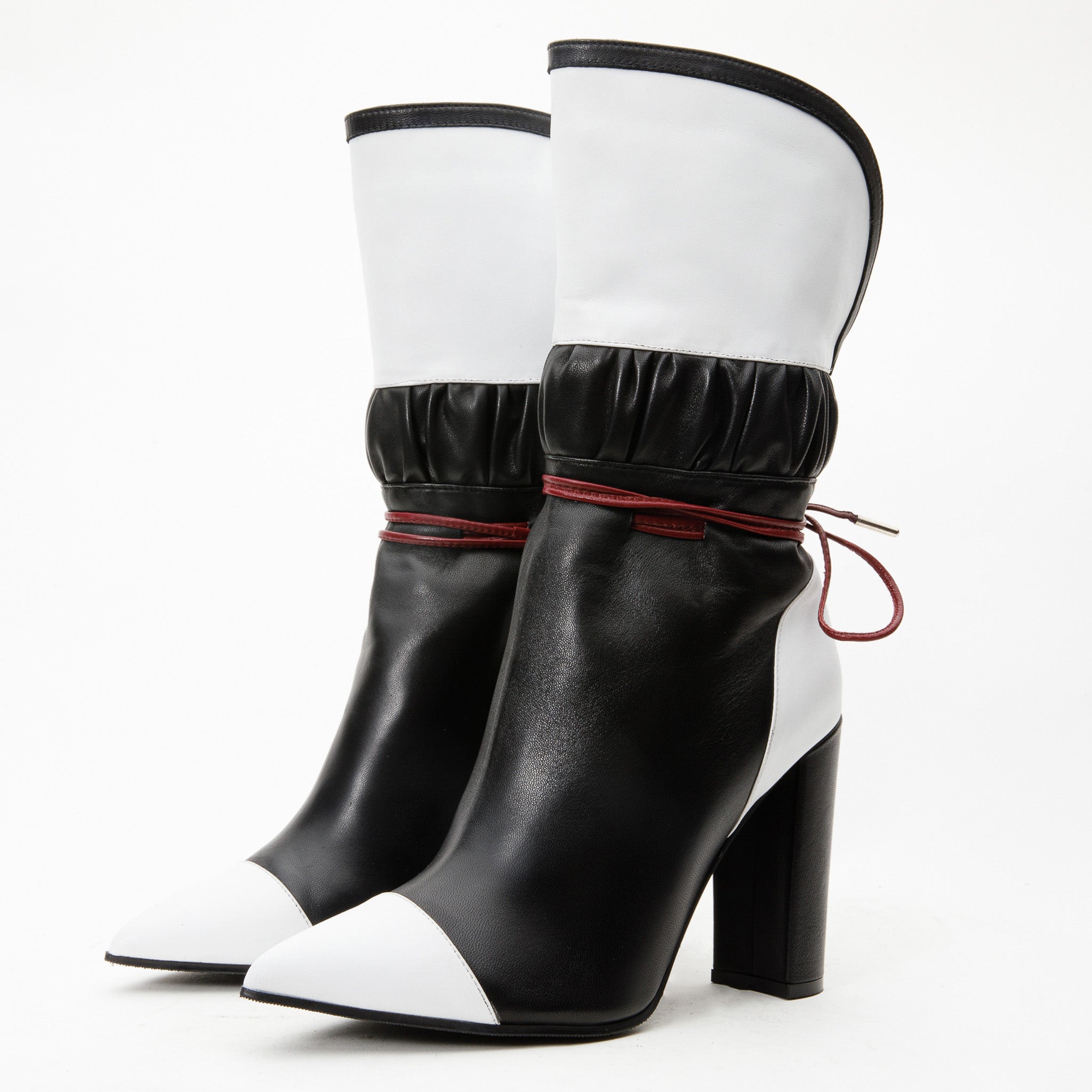 The Lucca Black White Leather Mid Calf High Heel Boot Limited Edition
